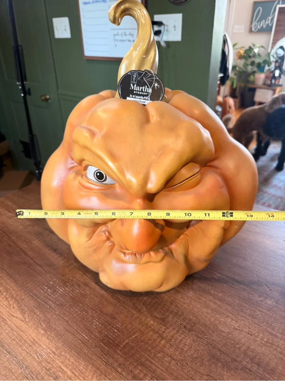 Martha Stewart Whimsical Orange Winking Pumpkin Sculpture with Gold Stem